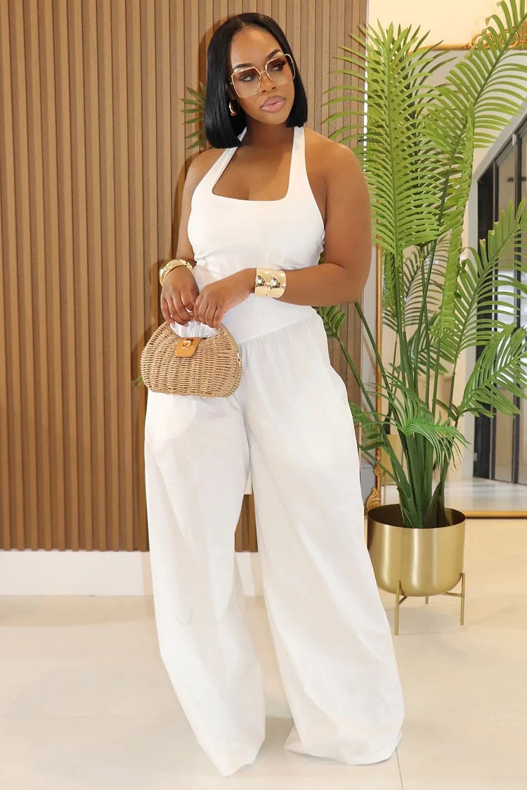 Halter Square Neck Backless Top Wide Leg Pants Jumpsuits-White [Pre Order]