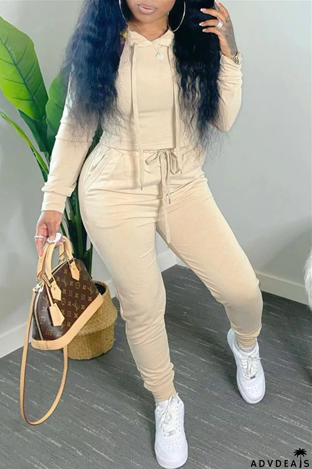 Coffee Fashion Casual Solid Basic Hooded Collar Long Sleeve Two Pieces