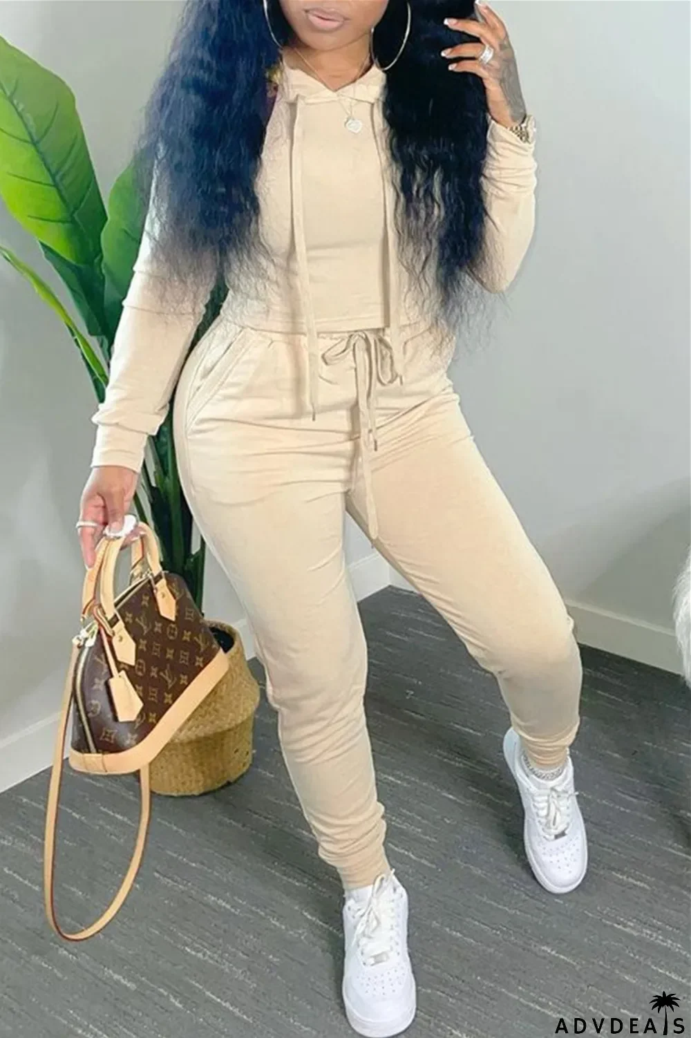 Coffee Fashion Casual Solid Basic Hooded Collar Long Sleeve Two Pieces