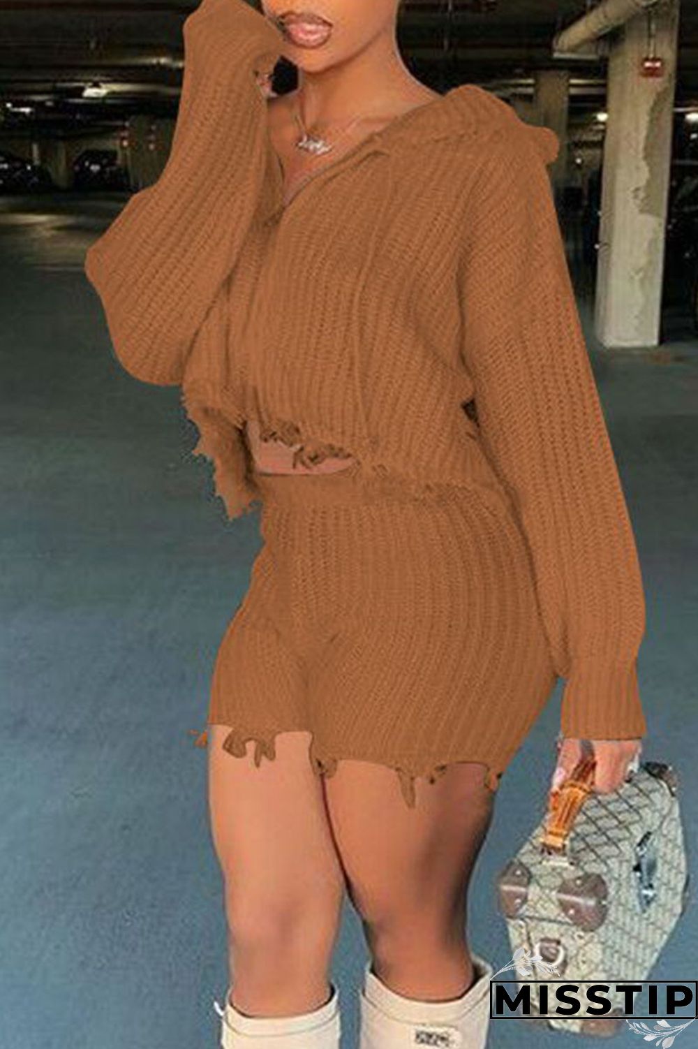 Camel Casual Solid Tassel Patchwork Hooded Collar Long Sleeve Two Pieces