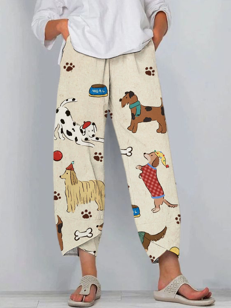 Funny Puppies Print Women's Linen Pants wearshes