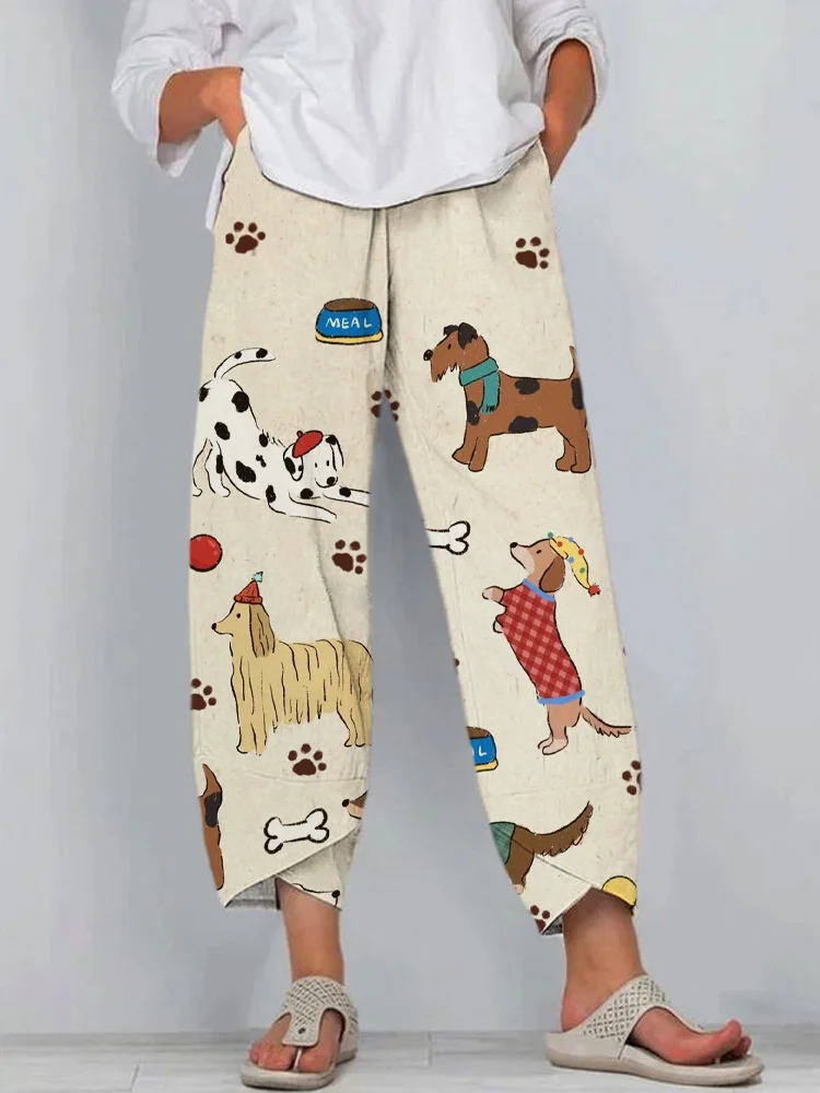 Funny Puppies Print Women's Linen Pants