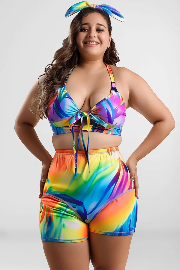 Flycurvy Plus Size Vacation Multicolor Rainbow Print Lace-up Two Piece Swimwear  Flycurvy [product_label]