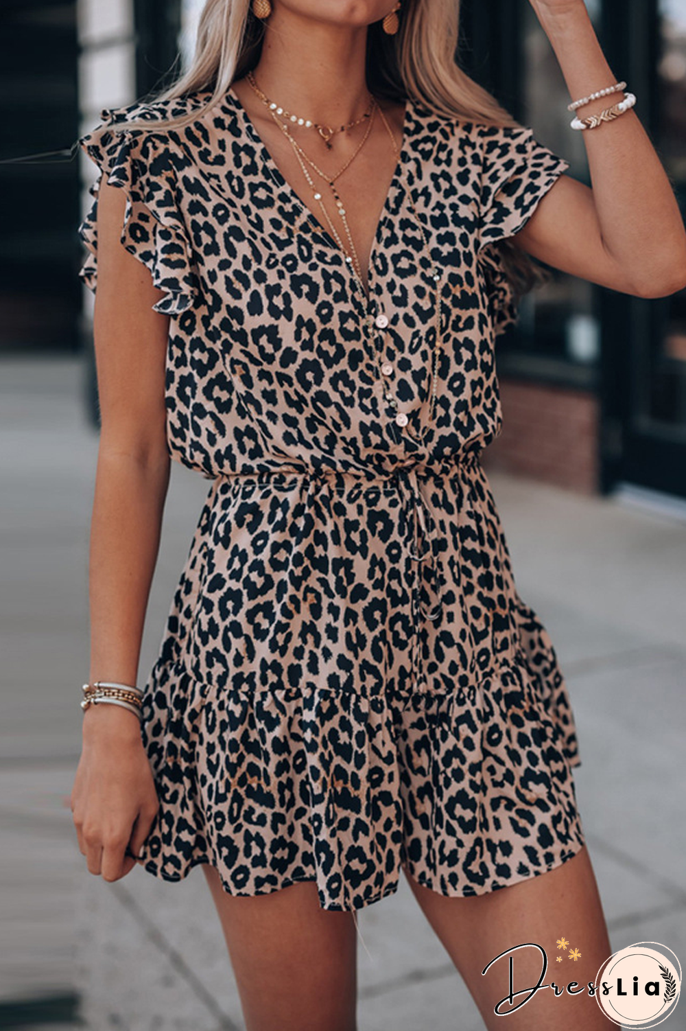 KarliDress V-neck Leopard Flounce Short Sleeve Romper P12890
