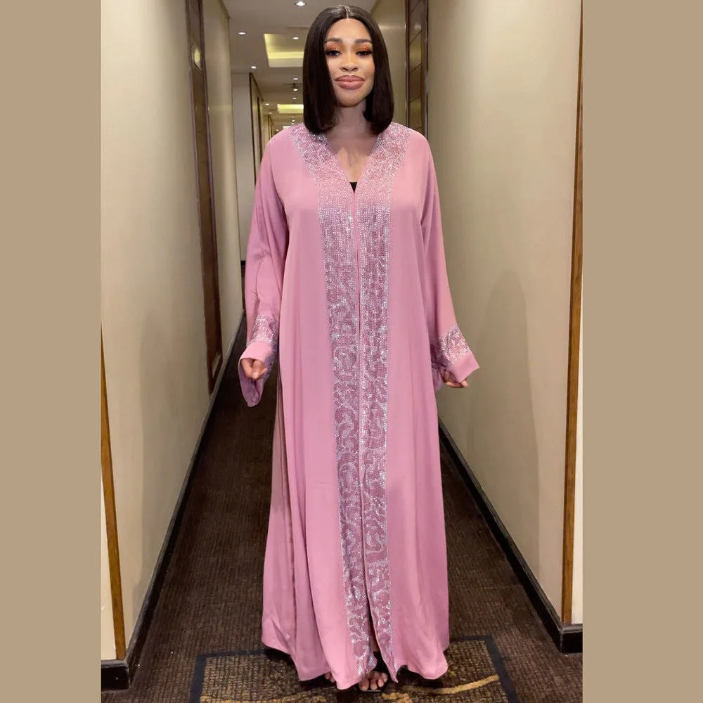 Neosepa-Fashion V Neck Belted Long Sleeve Loose Rhinestone Decorated Soft Maxi Robe