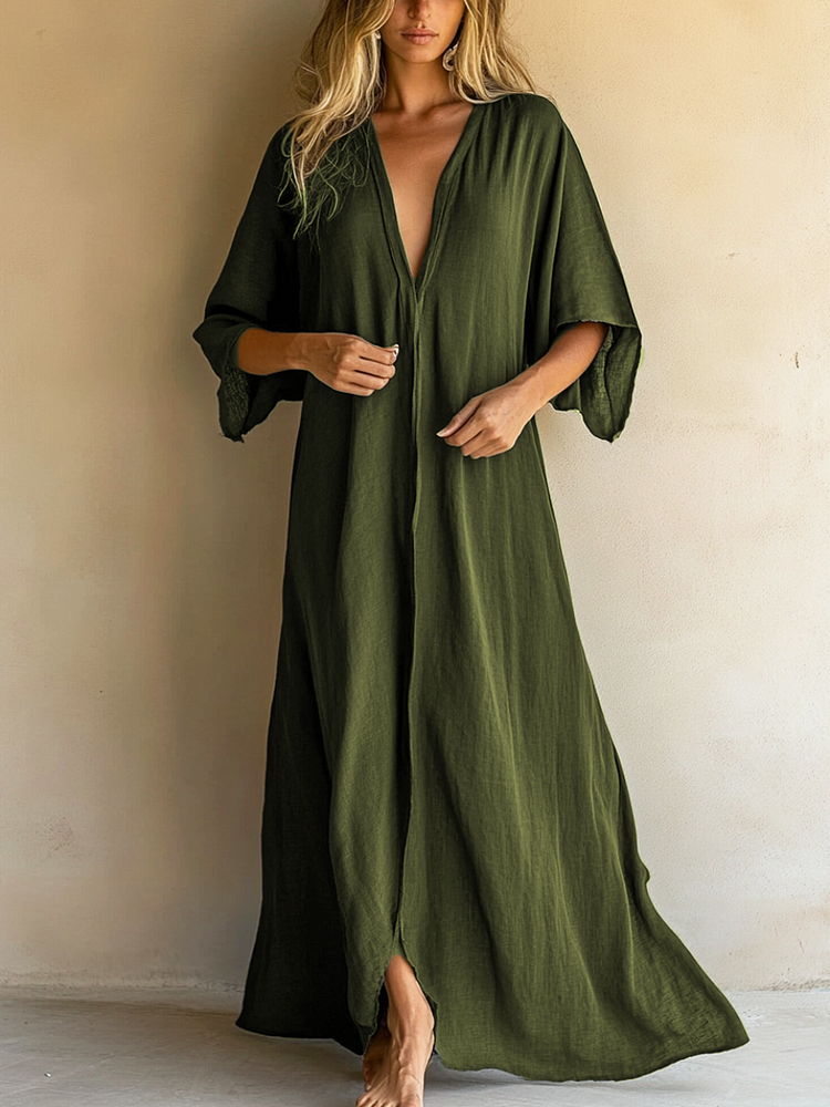 Elegant Olive Green Color Linen V-neck Short-SLeeve Kaftan Dress