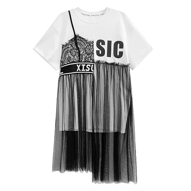 Street O-neck Letter Printed Lace Splicing Mesh Patchwork Short Sleeve Dress 