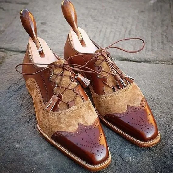 【PLUS SIZE】Men's Genuine Leather & Suede Tan Brogue Dress Shoes