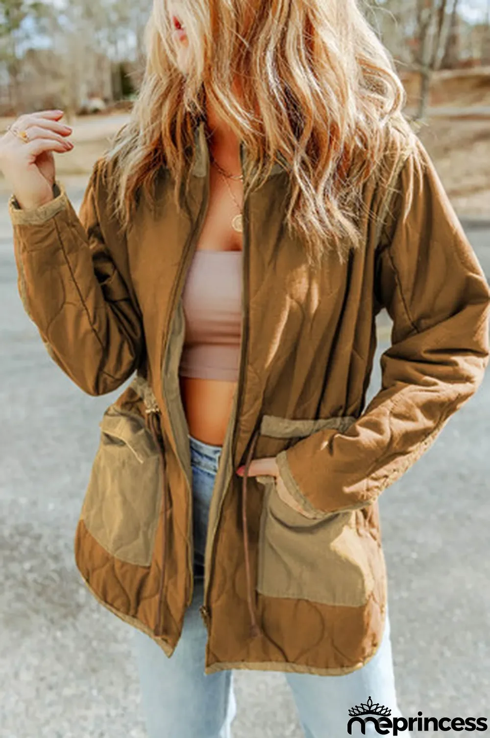 Brown Stitching Quilted Drawstring Jacket