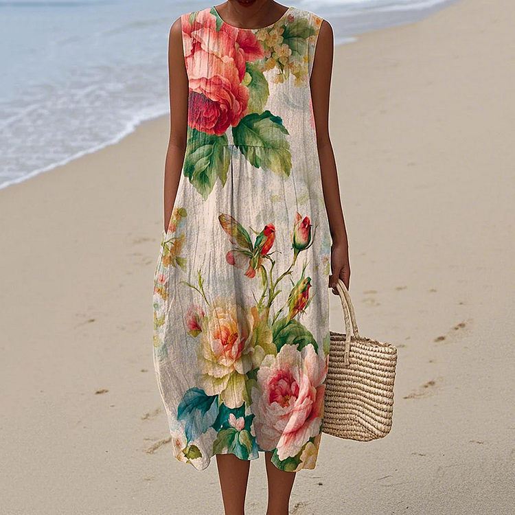 VChics Vintage Loose Vintage Elegant Floral Art Linen Tank Dress