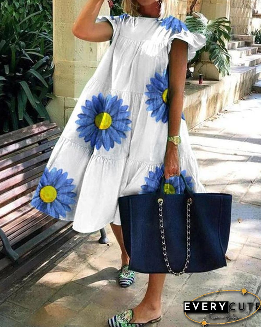 Colorful Geometric Print Loose Fluffy Midi Dress