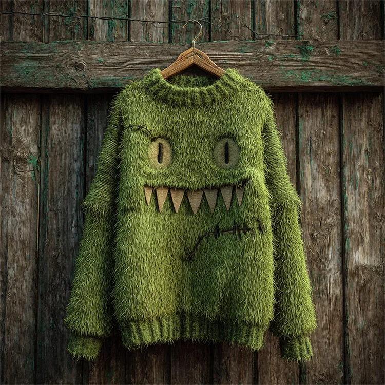 Halloween Fuzzy Monster Inspired Stitched Cozy Knit Sweater