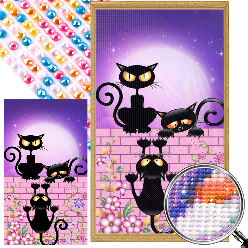 Moon Little Black Cats On The Wall 40*70cm(picture) full round drill diamond painting