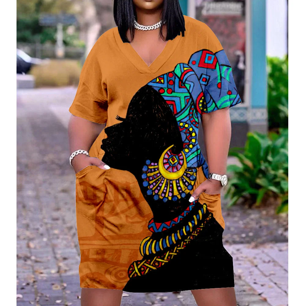 3D printed loose plus size v-neck mid-sleeve dress
