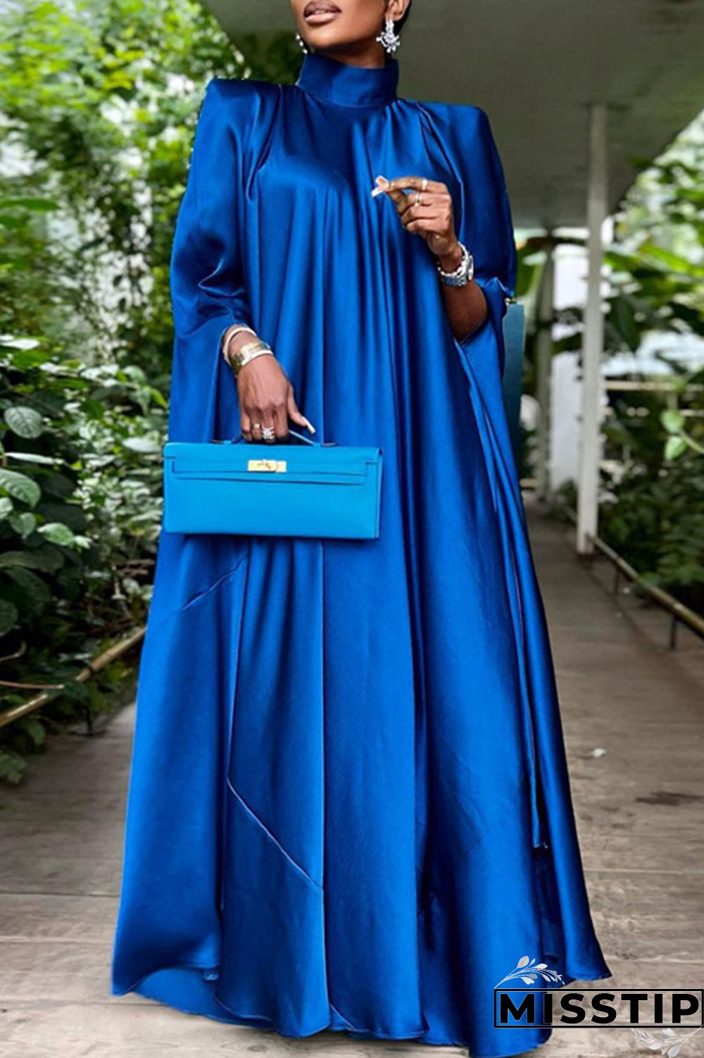 Blue Casual Solid Patchwork Turtleneck Straight Dresses