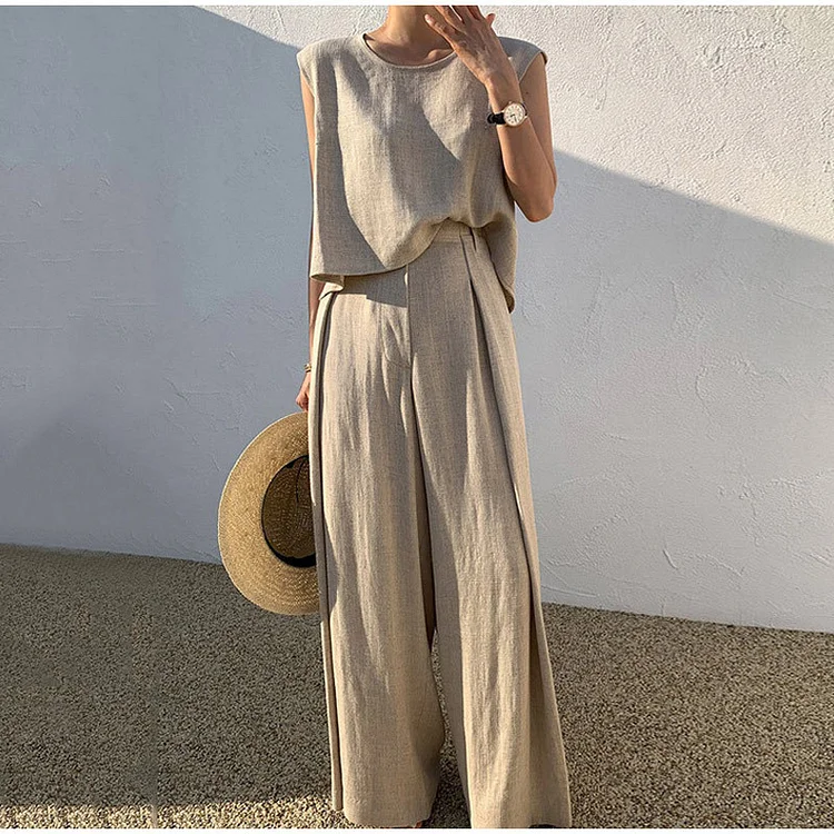 Casual Cotton Linen Sleeveless Top and Wide Leg Pants Suits