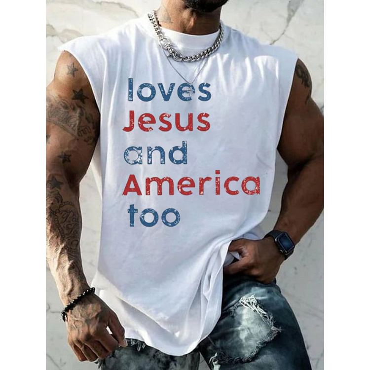Loves Jesus And America Too Print Men Tank Top socialshop