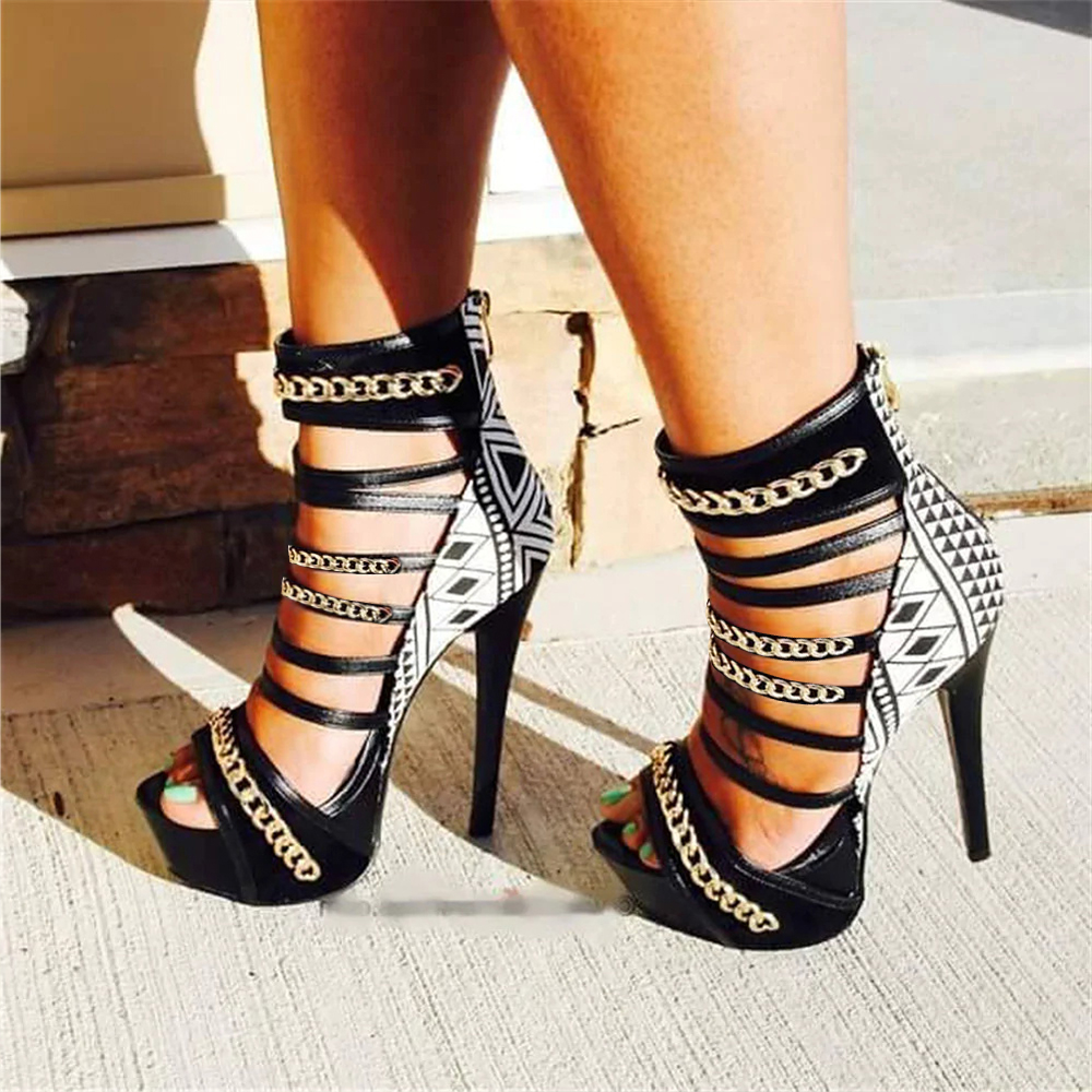 Black Platform Sandals Open Toe Almond Heel Ankle Boots