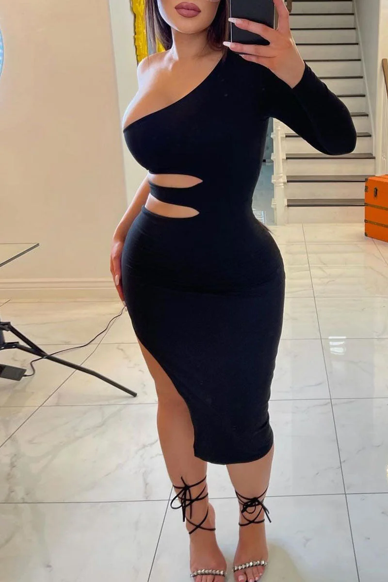 Fashion Sexy Solid Hollowed Out Backless Slit Oblique Collar Long Sleeve Dresses