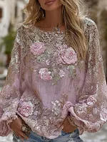 Women's Vintage Pink Flower Embroidery Art Round Neck T-shirt