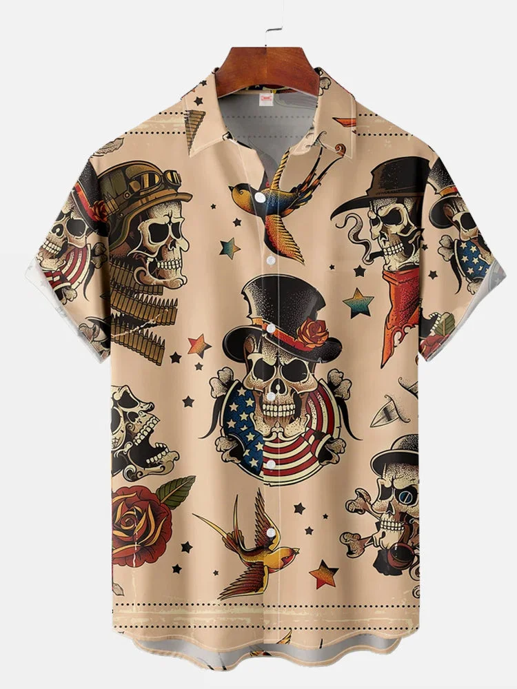 Hawaii Style Skeleton Pirate And Birds Tattoos Printing Short Sleeve Shirt