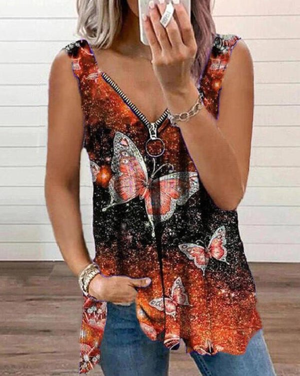 Sexy Zip V-Neck Print Sleeveless Top