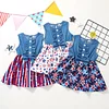 Baby Girl Denim Independence Day Stitching Star Striped Sleeveless Dress