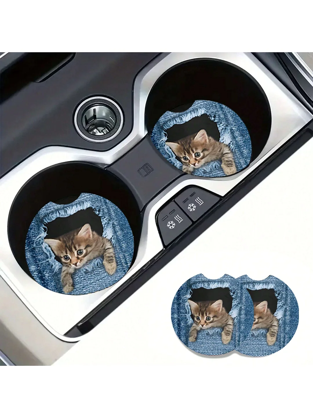 2pcs blue denim holes + Cute cat car coasters, cute creative coasters, non-slip waterproof car coasters, general purpose models