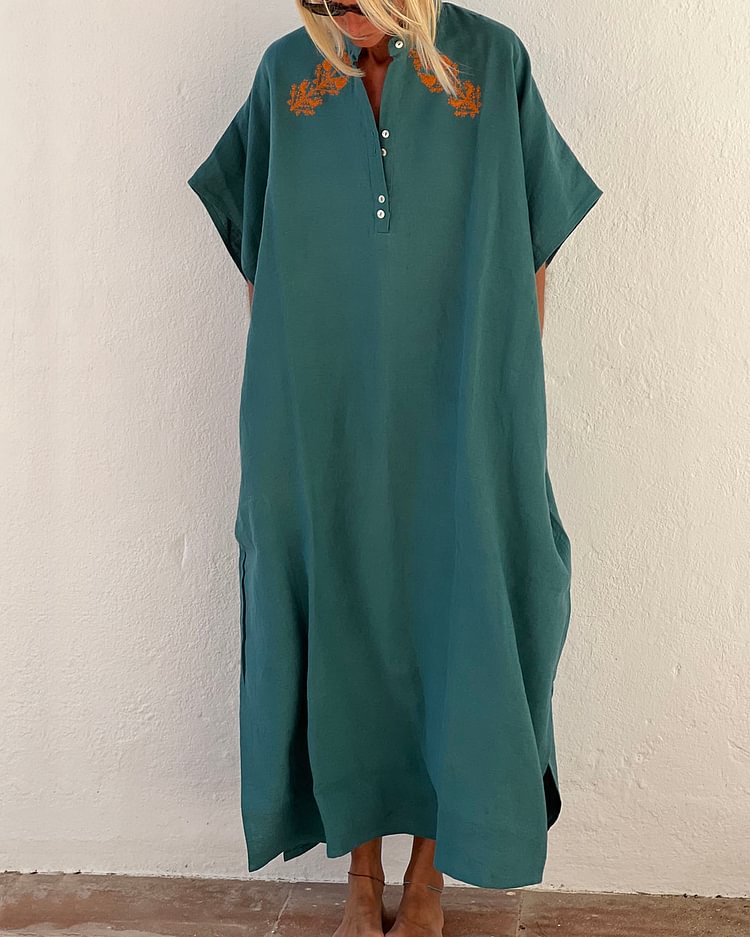 Holiday Loose Embroidered Linen Long Dress