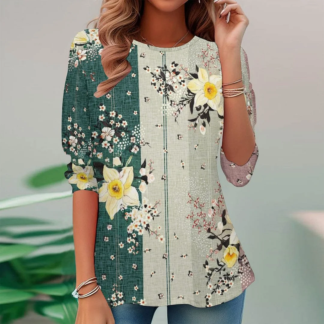 Vintage Printed Long Sleeve Plus Size Tunic for  Women and Men Unisex Pattern Floral,Pink,Green,Stitch
