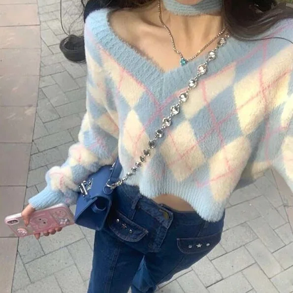 Pastel Blue Y2K Hot Pink Sweater ME08