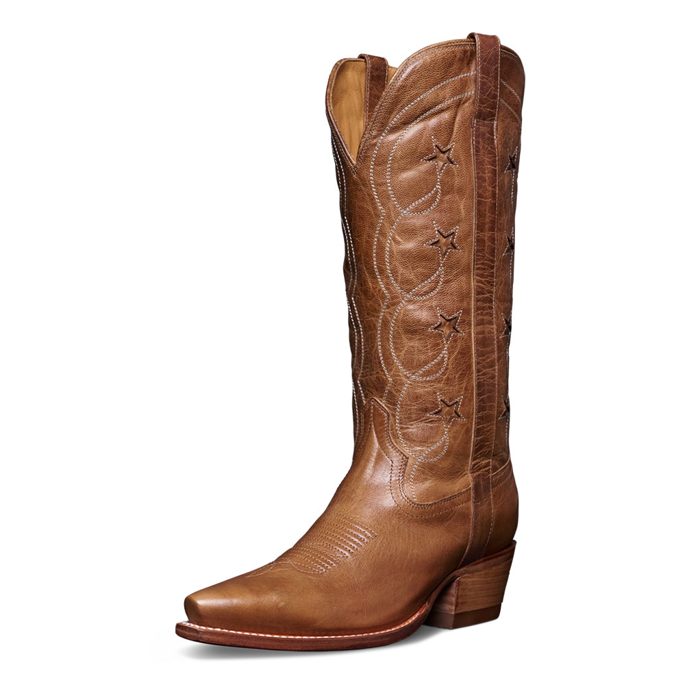 Brown Star Inlay Snip Toe Chunky Heel Knee Cowboy Boots for Women