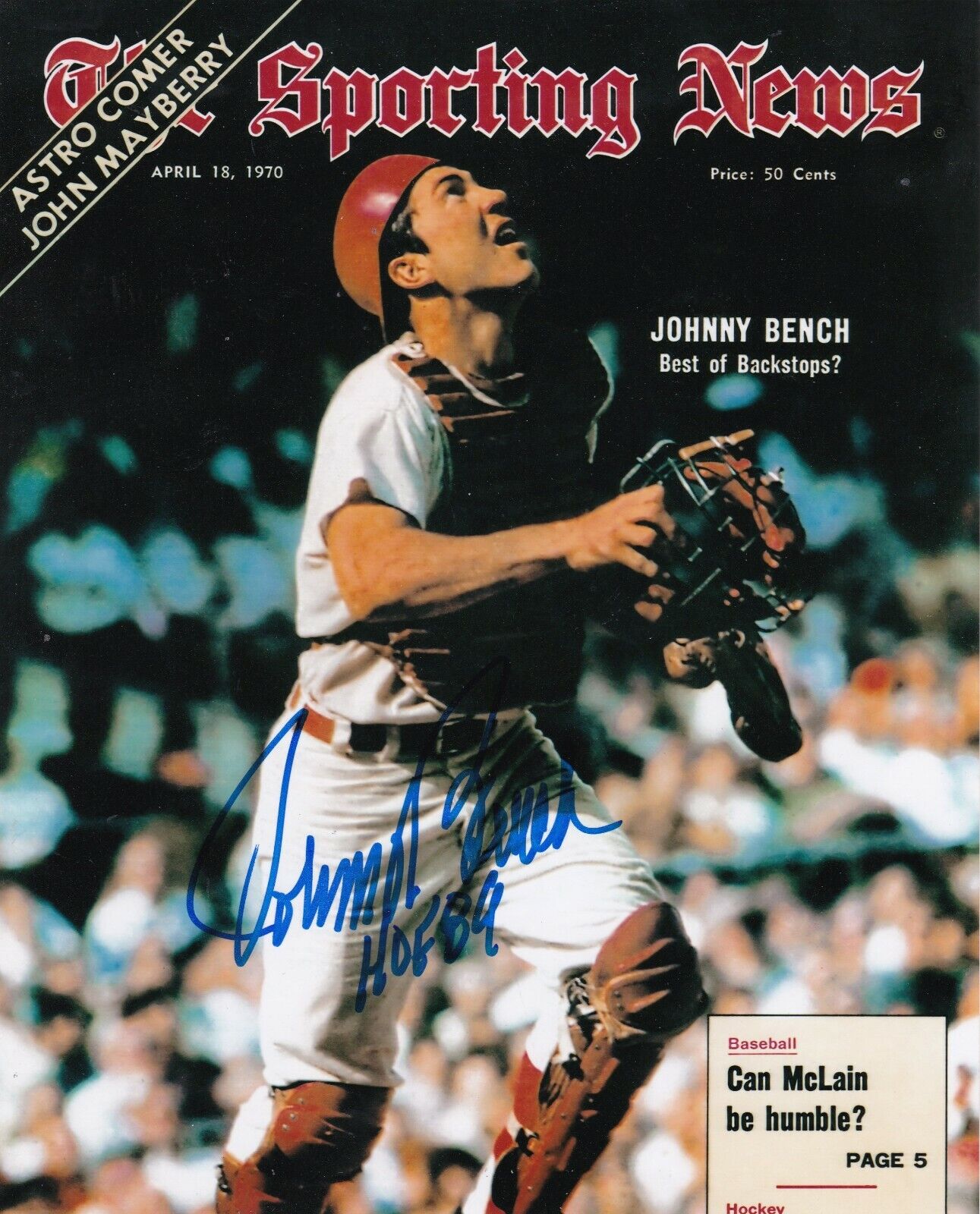 JOHNNY BENCH CINCINNATI REDS HOF 89 SPORTING NEWS COVER SIGNED 8x10 Photo Poster painting