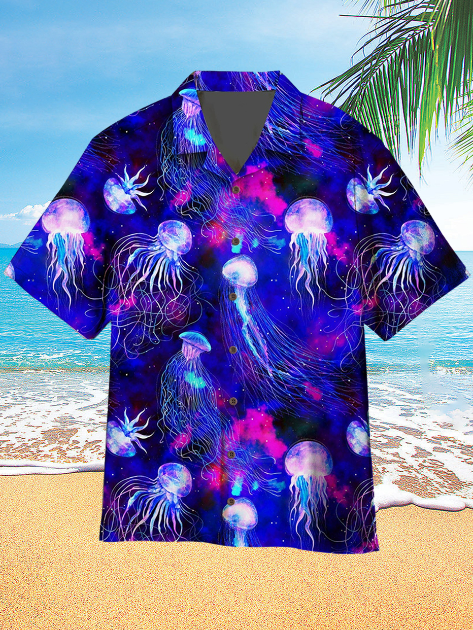 Rainbow Jellyfish Hawaiian Print Men's Short Sleeve Cuban Collar Shirt ​ PLUSCLOTHESMAN