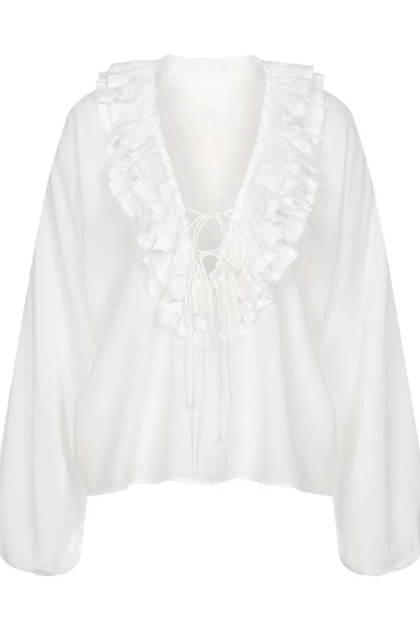 Ashlyne Tiered Ruffle Neckline Tie-up Balloon Sleeve Loose Blouse