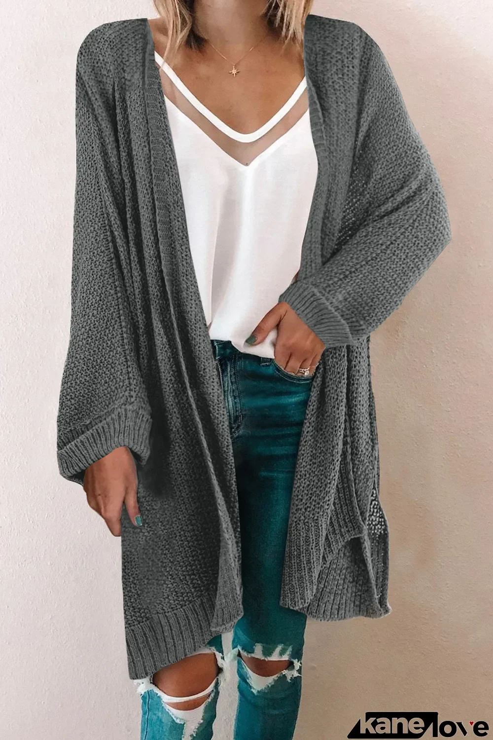 Gray Women's Winter Casual Long Sleeve Loose Solid Color Sweaters Side Split Open Front Cardigan Knitted Tops