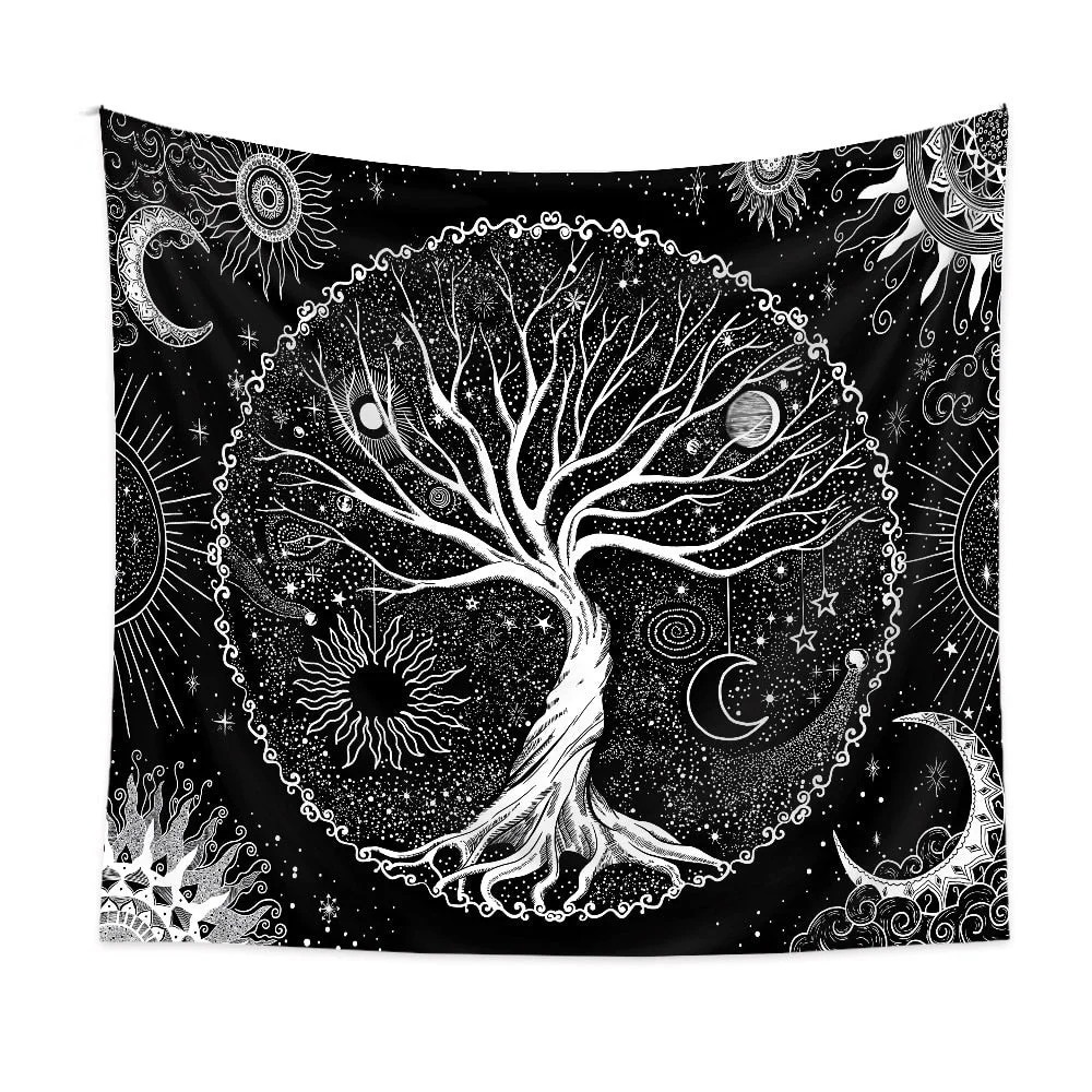 Tree of Life Tapestry Black White Starry Tapisserie Aesthetic Wall Hanging Tapestries Home Decor for Bedroom Living Room Dorm