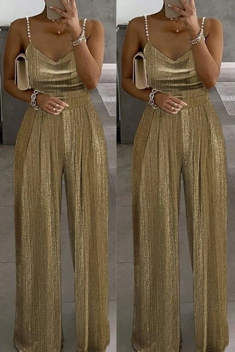Casual Solid Backless Spaghetti Strap Regular Jumpsuits