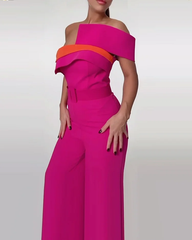 One-shoulder waisted solid color jumpsuit (belt included)