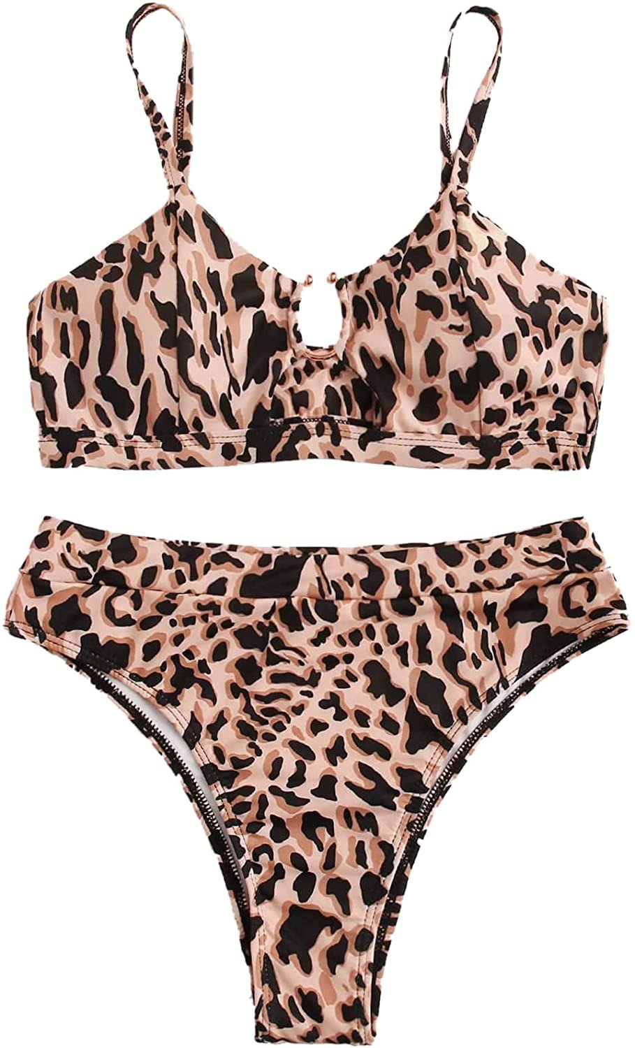 Women's 2 Pieces Leopard Print Strap Cutout Bra Bottom Bikini Swimwear Set