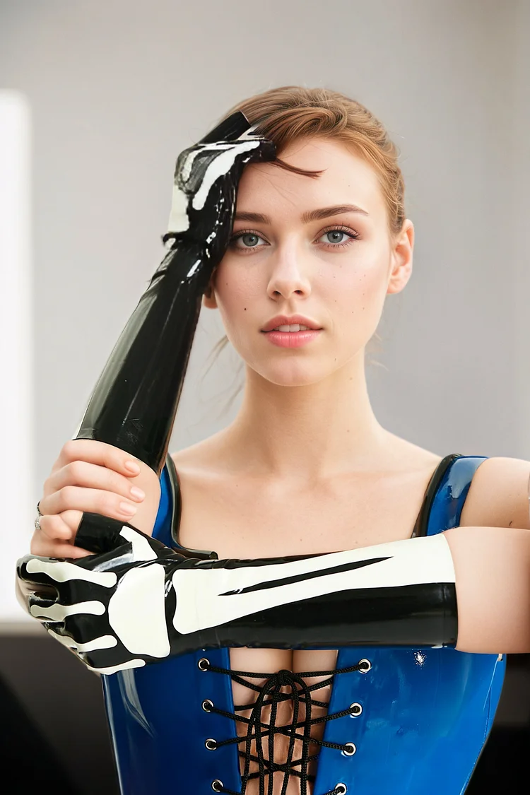 Women's Black & White Latex Gloves Skeleton Pattern Of The Hand