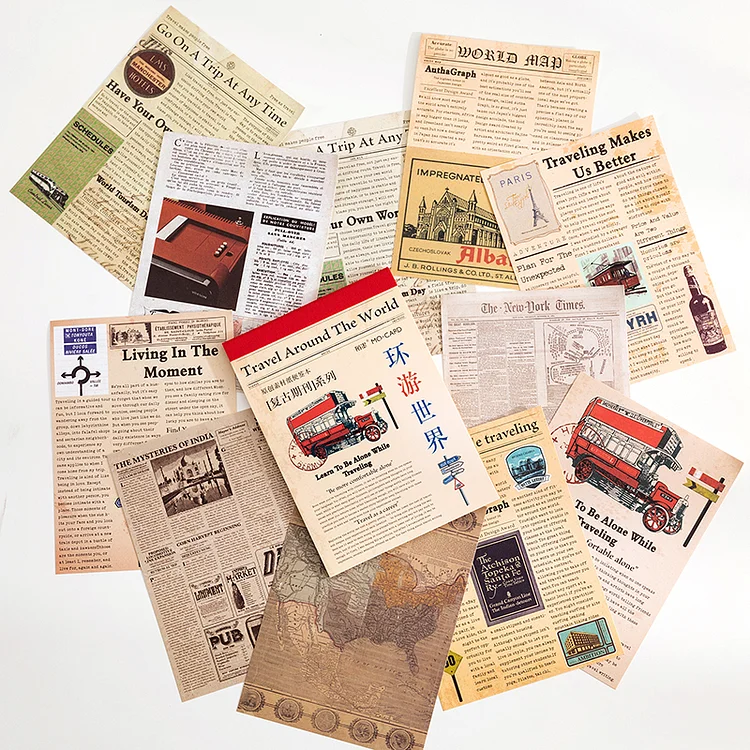 JOURNALSAY 30pcs Rich and Diverse Retro Newspaper Illustration Material Paper No Sticky