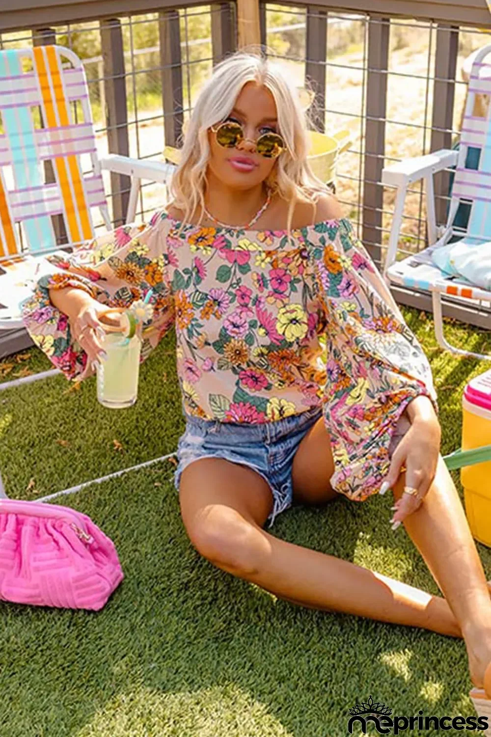 Yellow Colored Drawing Flowers Sexy Off Shoulder Top