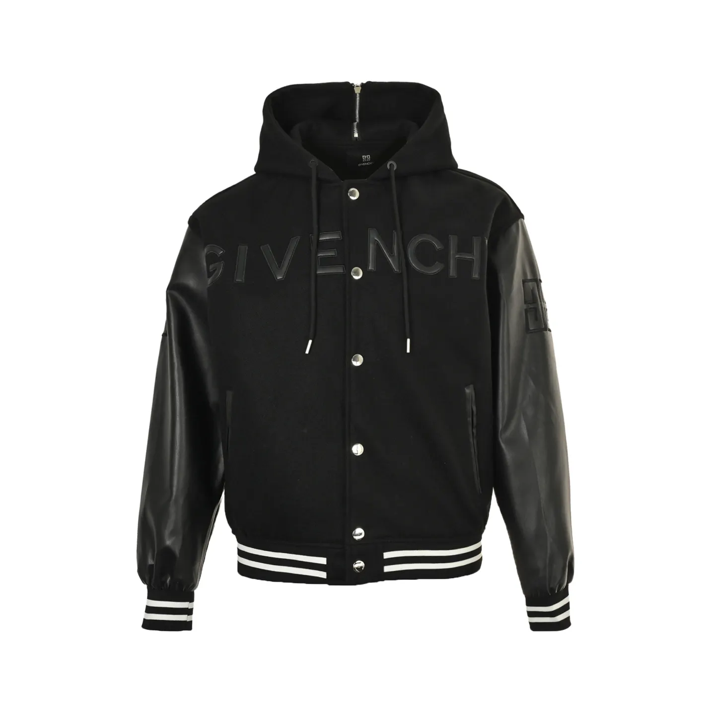 Black Hooded Varsity Jacket - Front View