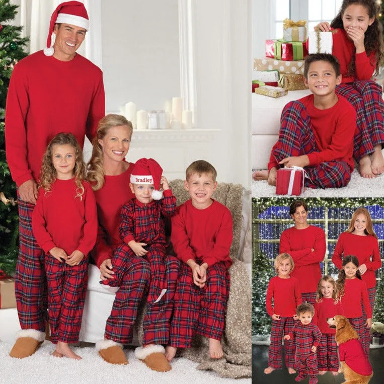 Christmas Long Sleeve Pure Red Top and Long Plaid Pants Family Matching Pajamas