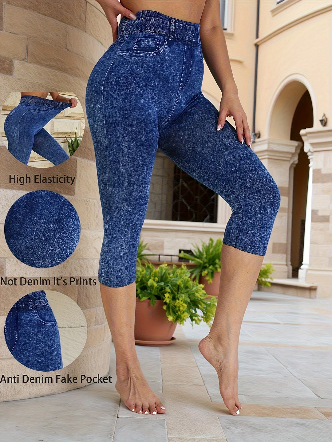 Women's High-Waisted Stretchy Imitation Denim Leggings - 3/4 Capri Length With Fake Pockets, Tight-Fit Solid Color Casual Pants For Spring/Summer/Fall, Machine Washable & Elastic Waistband | IFYHOME