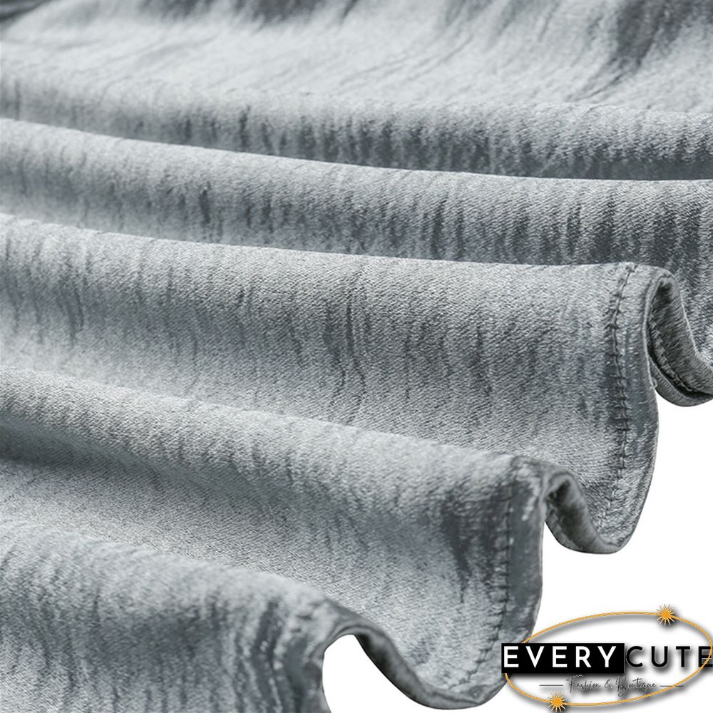 Solid Silvery V Neck Long Sleeve Loose Tops