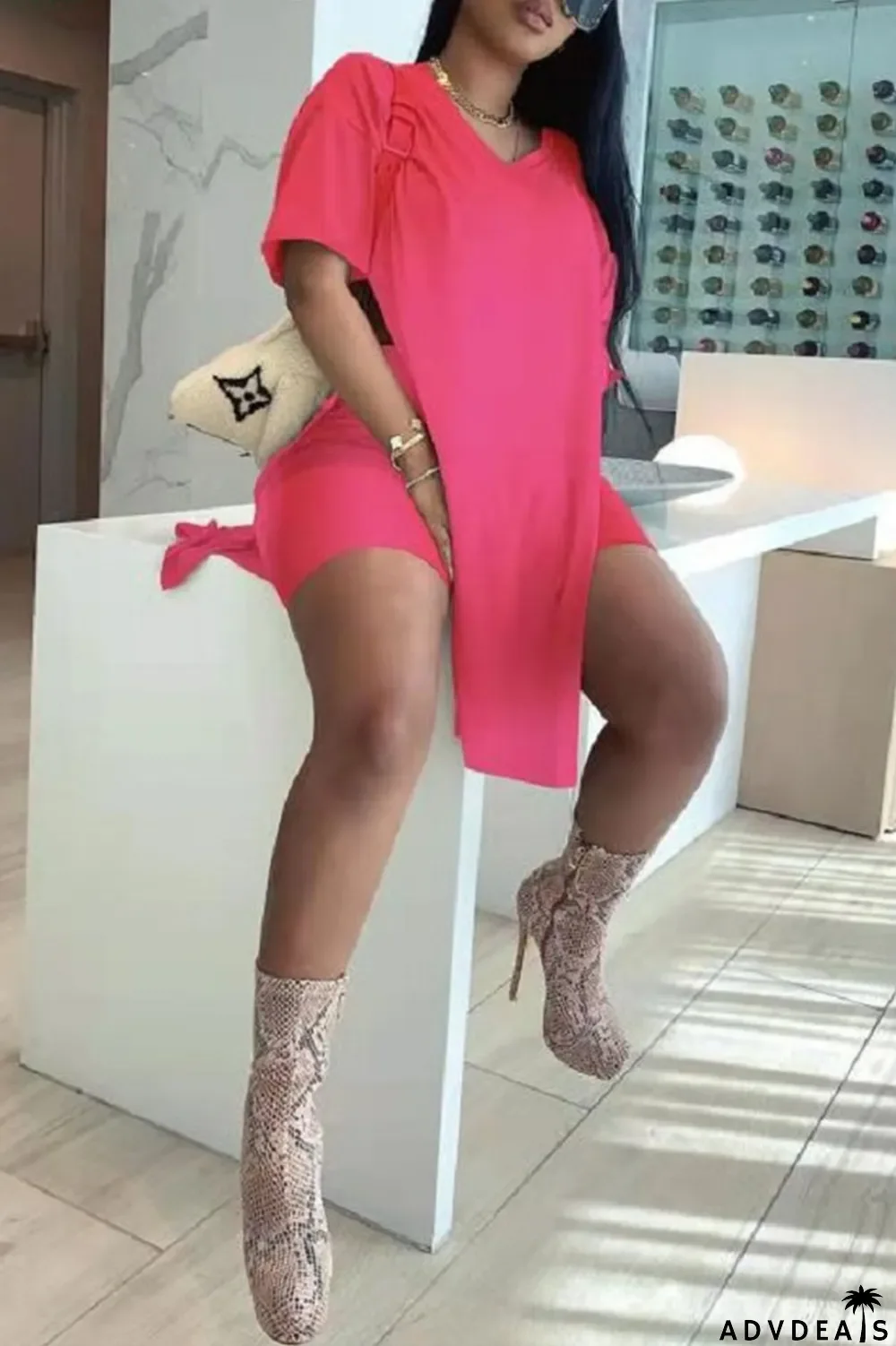 Rose Red Sweet Solid Slit V Neck Plus Size Two Pieces