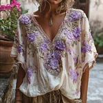 Bohemian-style Pink Floral Embroidery V-neck Short-sleeved Shirt With Sequins - Image 6