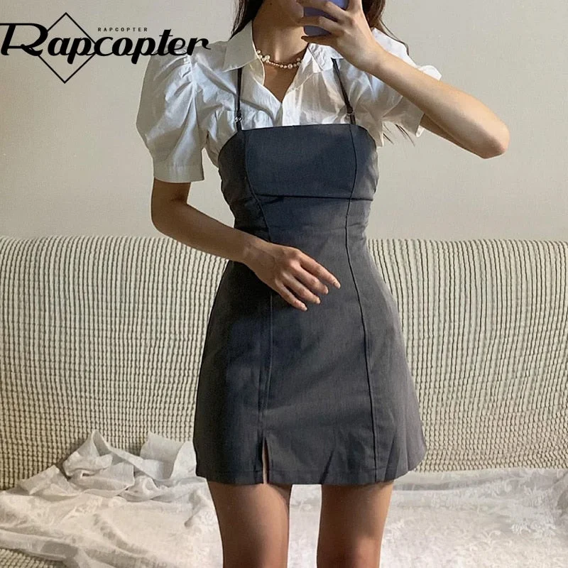 Rapcopter Tie Up Mini Dress Women Two Piece Dress Summer Side Split Cami Dress and Vintage Puff Sleeve Shirt Korean Costume Chic